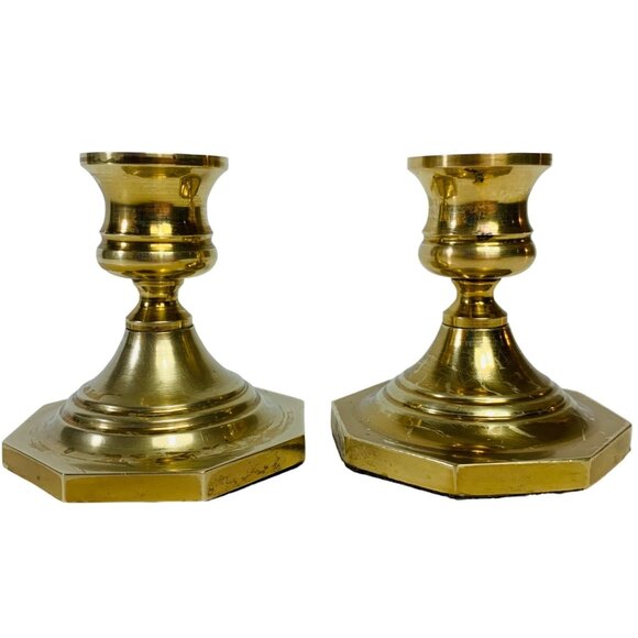 Solid Brass Short Candlestick Candle Holder Set of 2 Octagon Base VTG Party Home - Picture 2 of 12